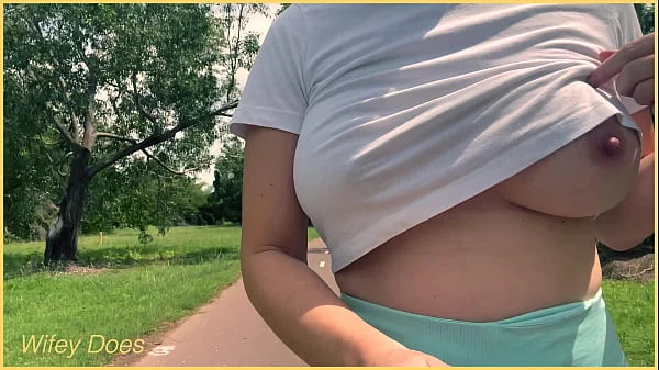 MILF runs braless in public tit flash dare