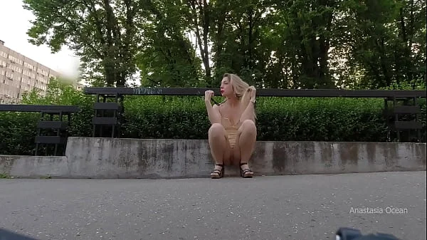 Perverted public slut walk. Upskirt, no panties, flashing pussy outside in tight short dress.