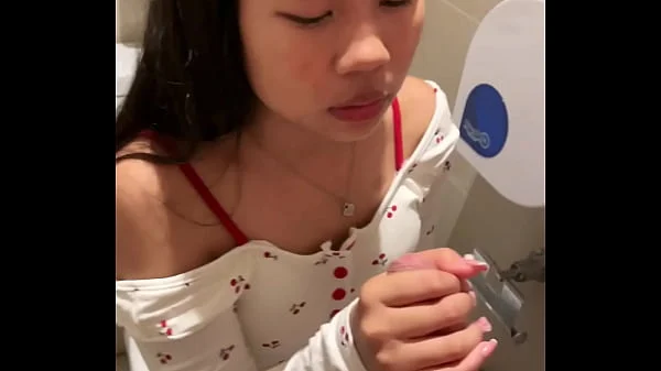 18 years old Asian girl sucked my in public restroom, HUGE cumshot on her face