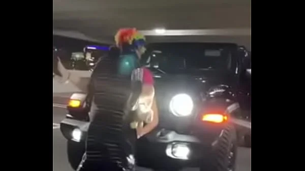 Pink hair whore gets pounded on jeep