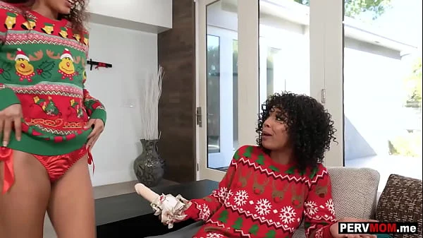 Black stepmom Misty Stone and stepdaughter Sarah Lace xmas 3some fun