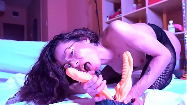 Orange snow - Stacy Bloom enjoy double anal toy at home in sexy opened-ass fishnet shorts.