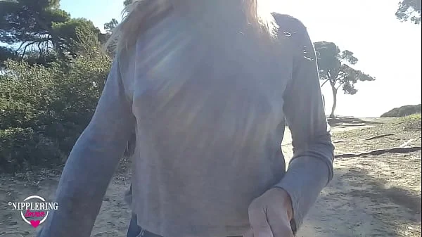 nippleringlover walking on the beach and flashing pierced tits with huge pierced nipples and big nipple rings