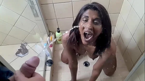 Indian girl white cock face piss in slow motion, POV